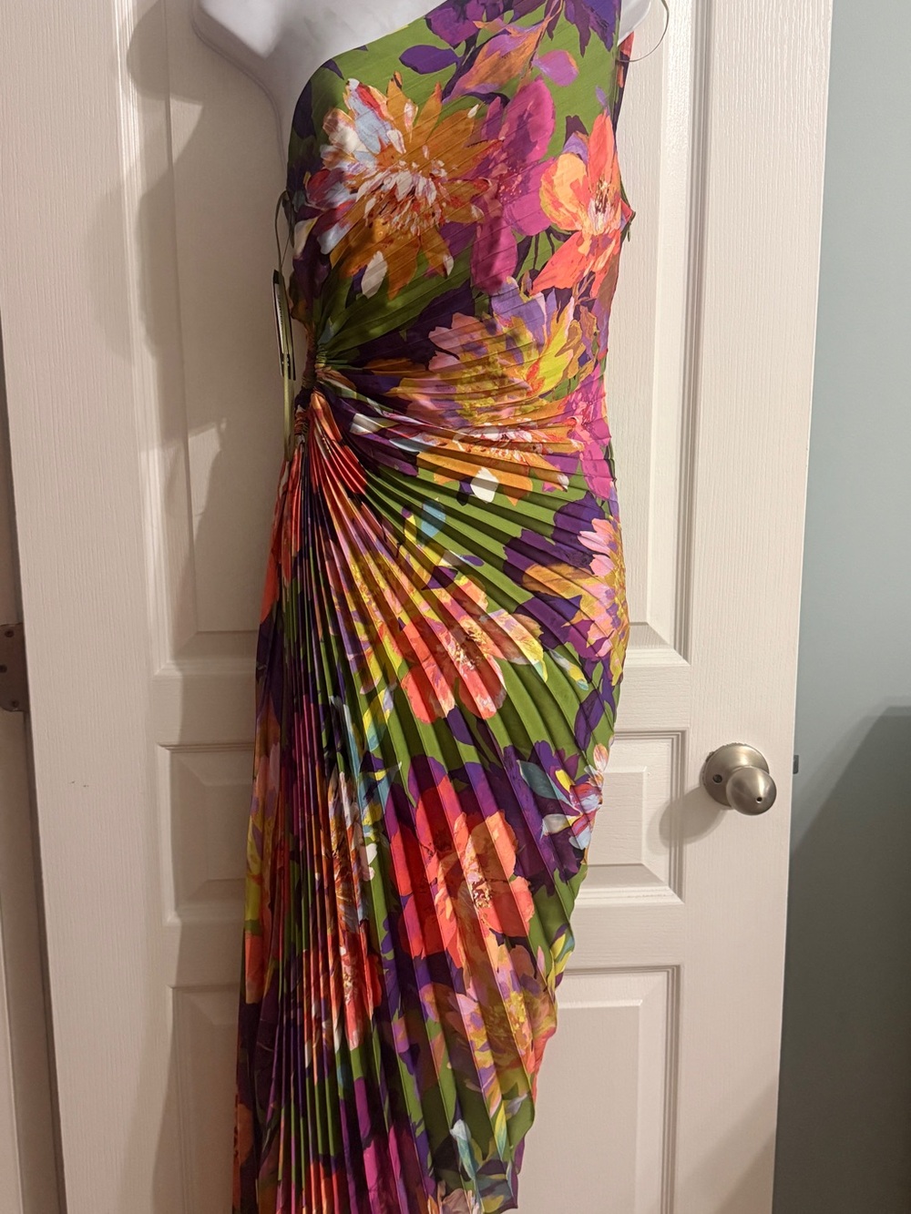 One-Shoulder Floral Pleated Maxi Dress in Multi